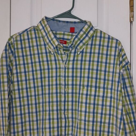 Izod  lime green blue whote checkered button down shirt  Sz XL - Picture 3 of 6